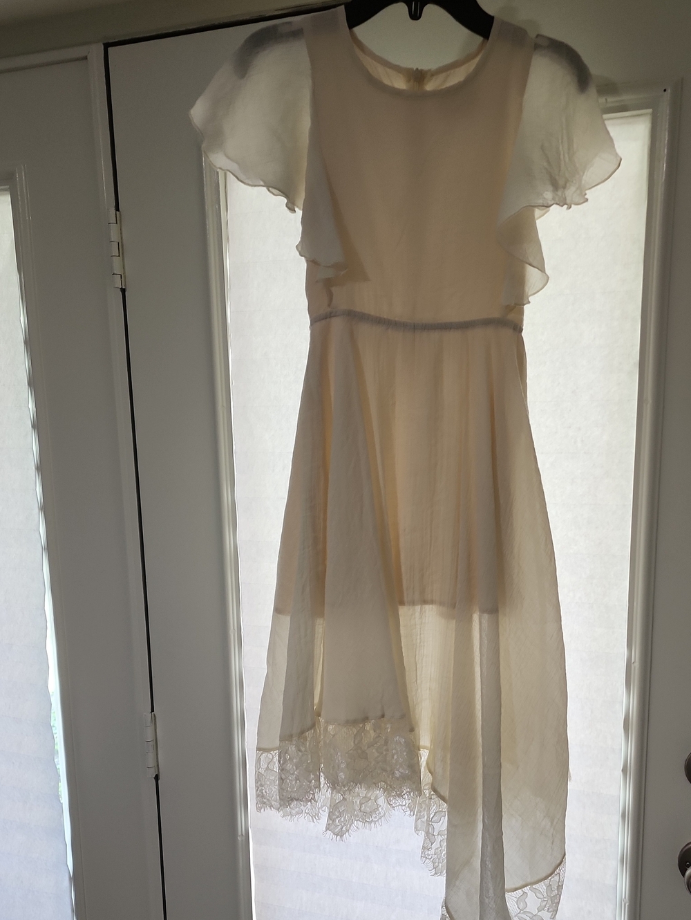 Mia Joy Ivory High-Low Flutter Sleeve Dress with Lace Hem